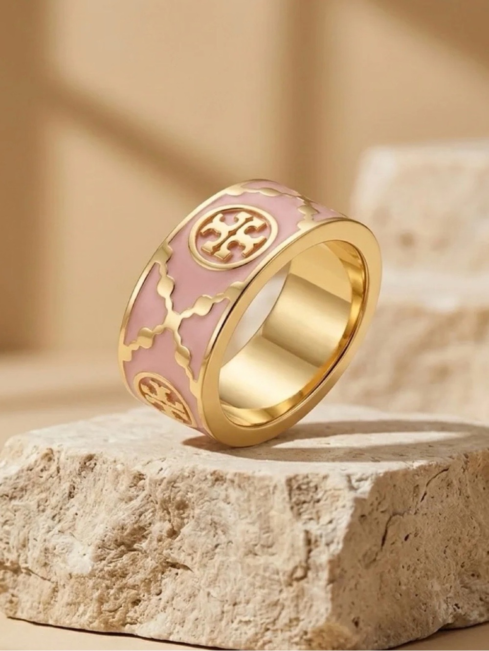 Tory Burch Pink Enamel Logo Wide Band Ring with Gold Trim